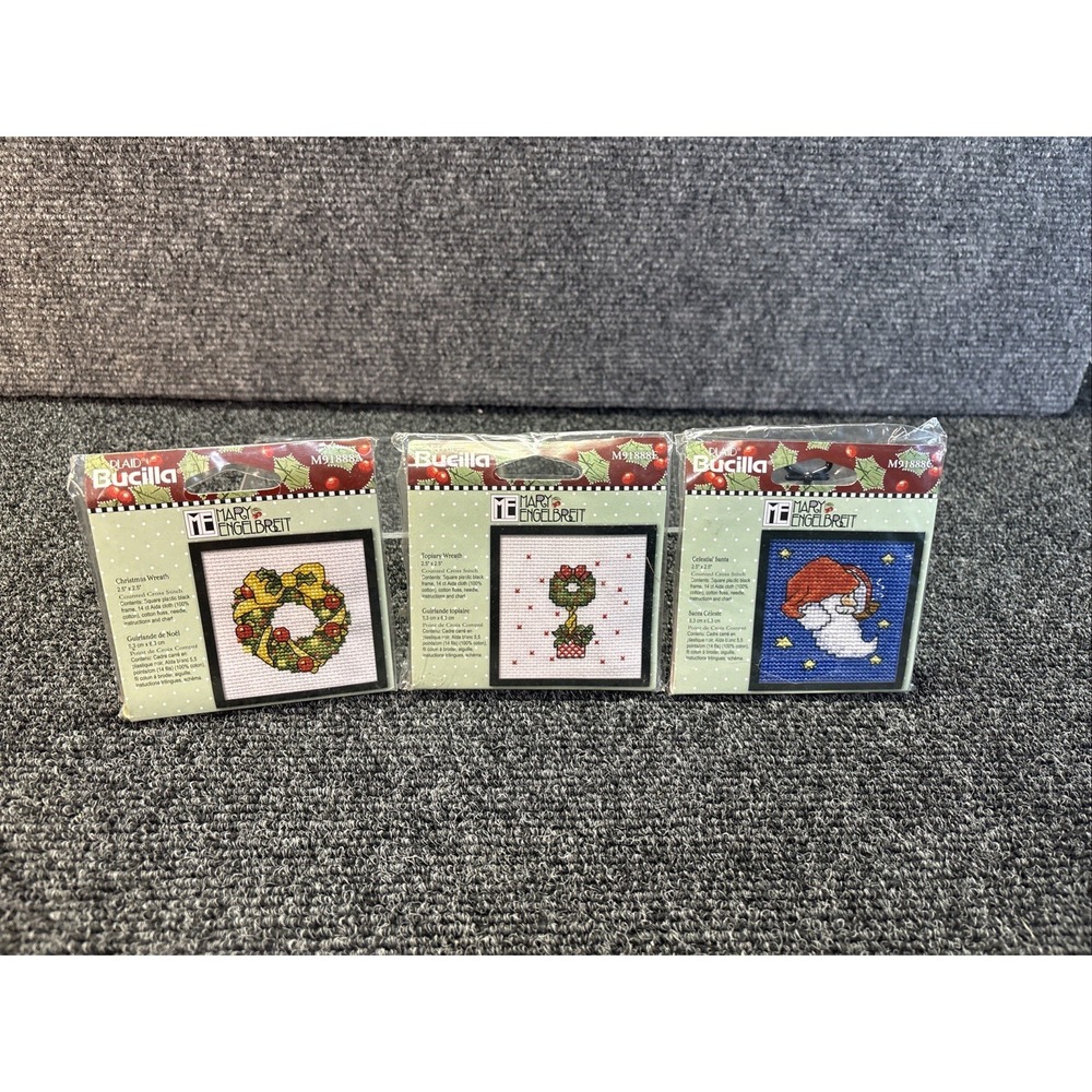 Bucilla~Mary Engelbreit~Mini Counted‎ Cross Stitch Kits Christmas Lot of 3~NIP